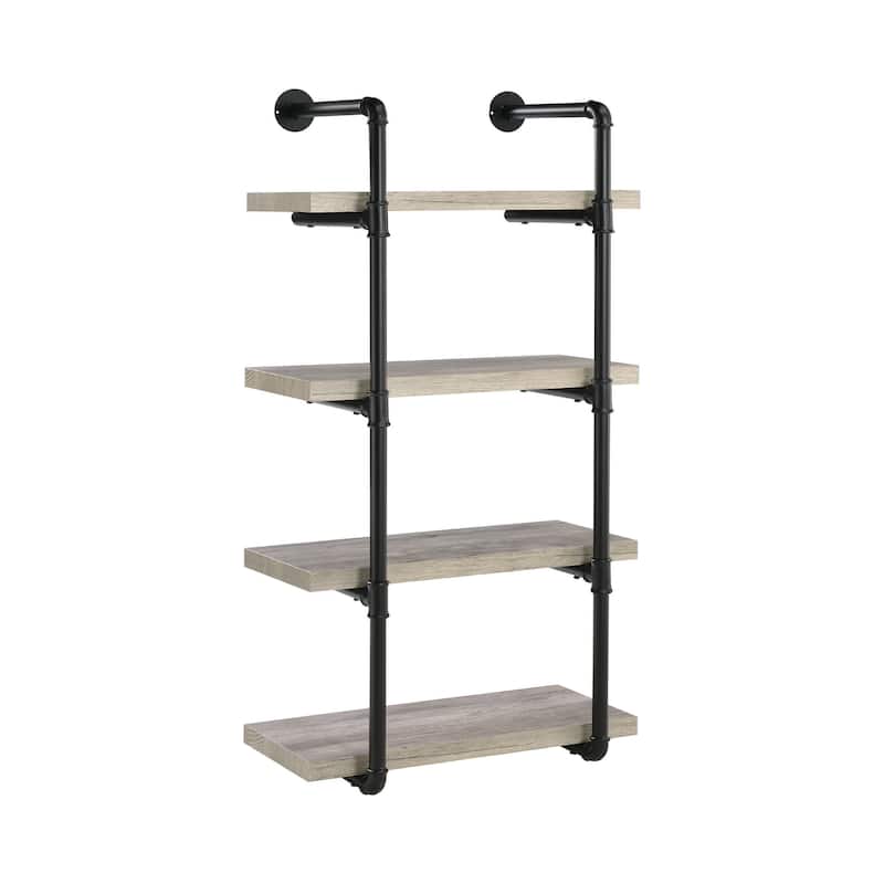 24 Inches 4 Tier Wood and Metal Wall Shelf, Gray and Black
