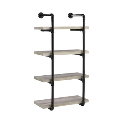 24 Inches 4 Tier Wood and Metal Wall Shelf, Gray and Black