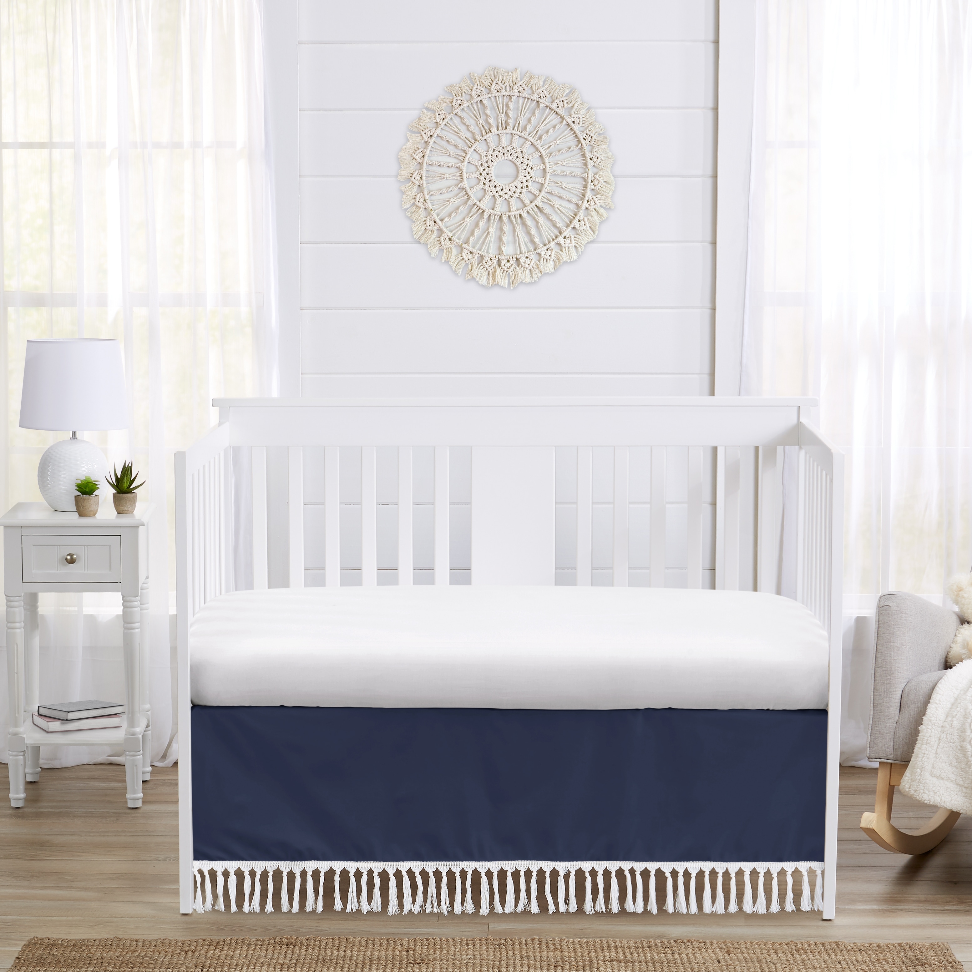 Navy Boho Bohemian Collection Boy Crib Bed Skirt Solid Color Blue and White Farmhouse Chic Minimalist Tassel Fringe Macrame