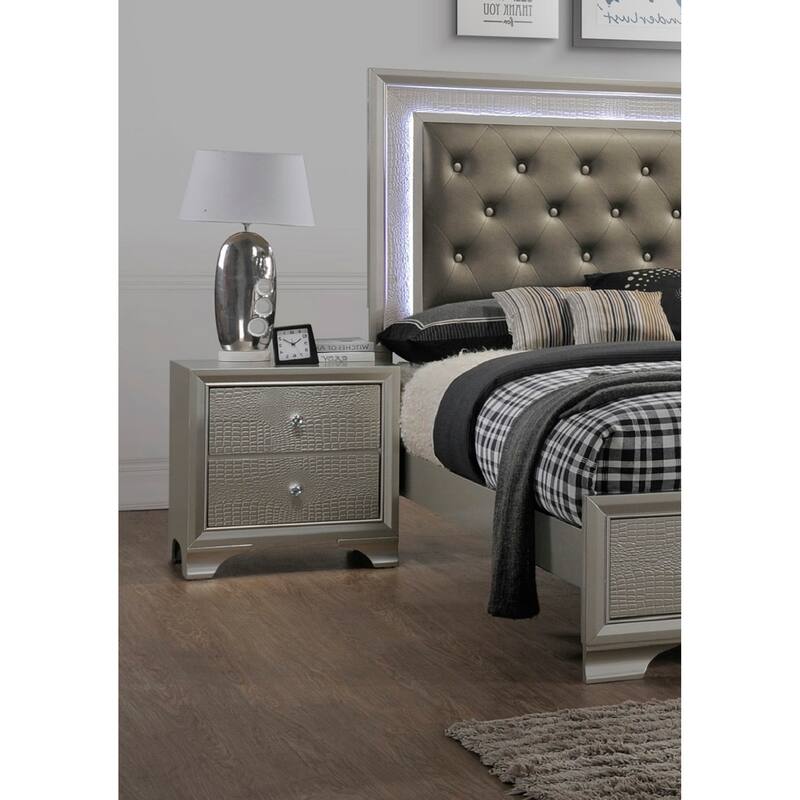 Champagne Finish Nightstand with Crystal Diamond Pull and Crocodile Pattern - Champagne