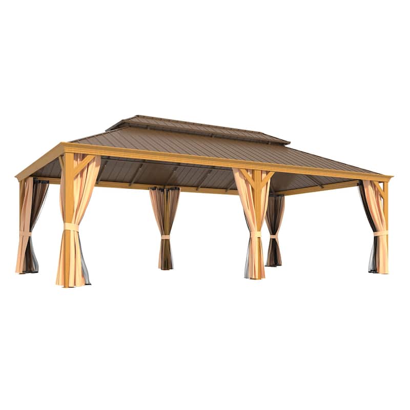 Outdoor Hardtop Gazebo with a Wood-Look Aluminum Frame, Double Galvanized Steel Roof, and Premium Curtains & Netting