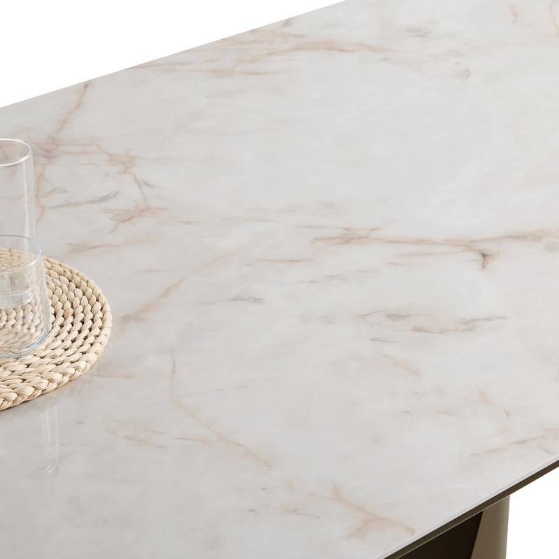 Spruce & Spring Modern Ceramic Top Dining Table with Sculptural Metal Base