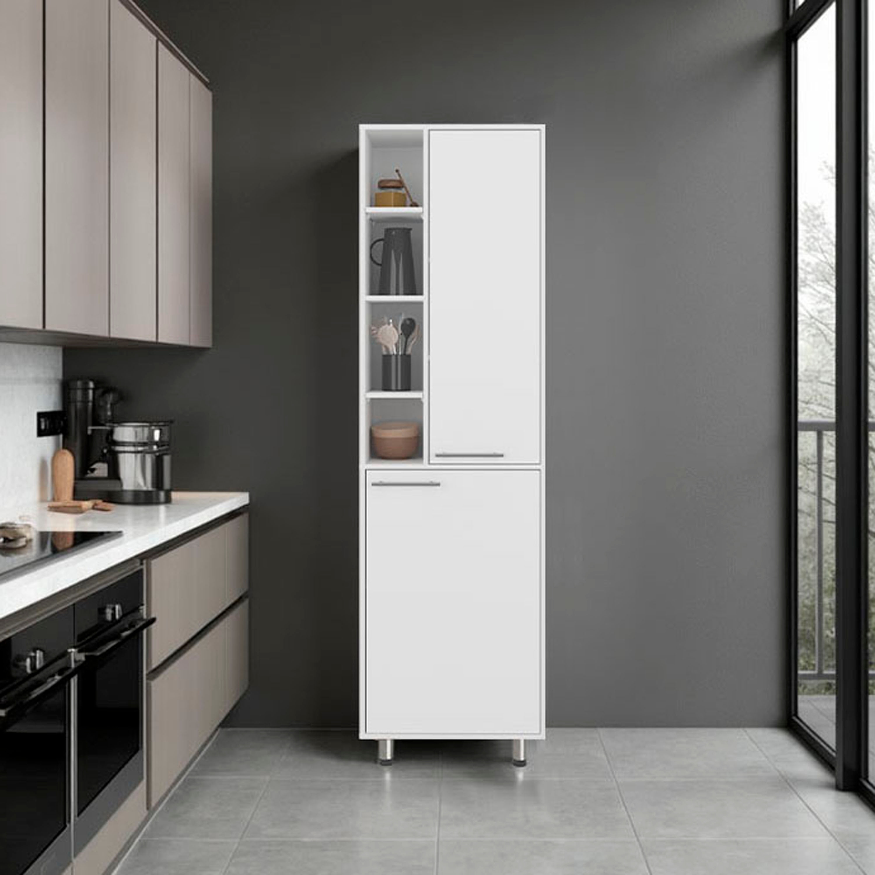 Kitchen Pantry 80.30" H 2 Doors, 9 Shelves, 4 Legs, White - Kitchen