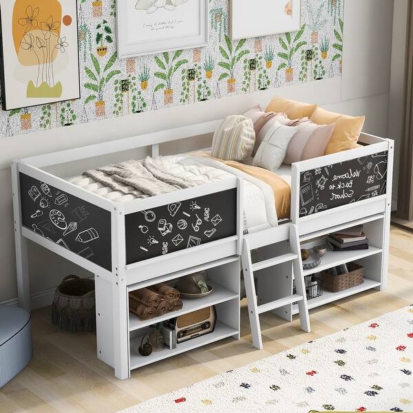 slide 1 of 1, Loft Bed with 2 Movable Shelves, Ladder, Guardrail Chalkboard - Twin Size Gray - Twin