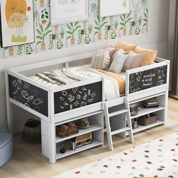 slide 2 of 24, Twin Size Low Loft Kids Bed Frame with Movable Shelves, Decorative Chalkboard & Guardrails for Bedroom, Easy Assembly, White White