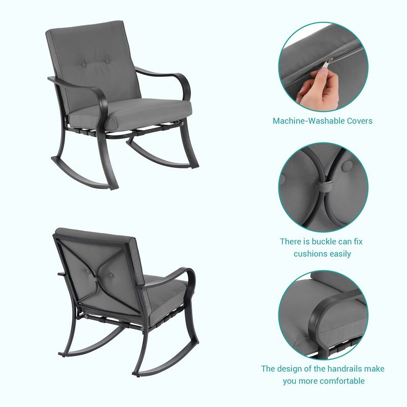 Bonosuki 3 Pieces Patio Bistro Set, Outdoor Funiture Set with 2 Rocking Chairs, Tempered Glass Top Coffee Table and Cushion