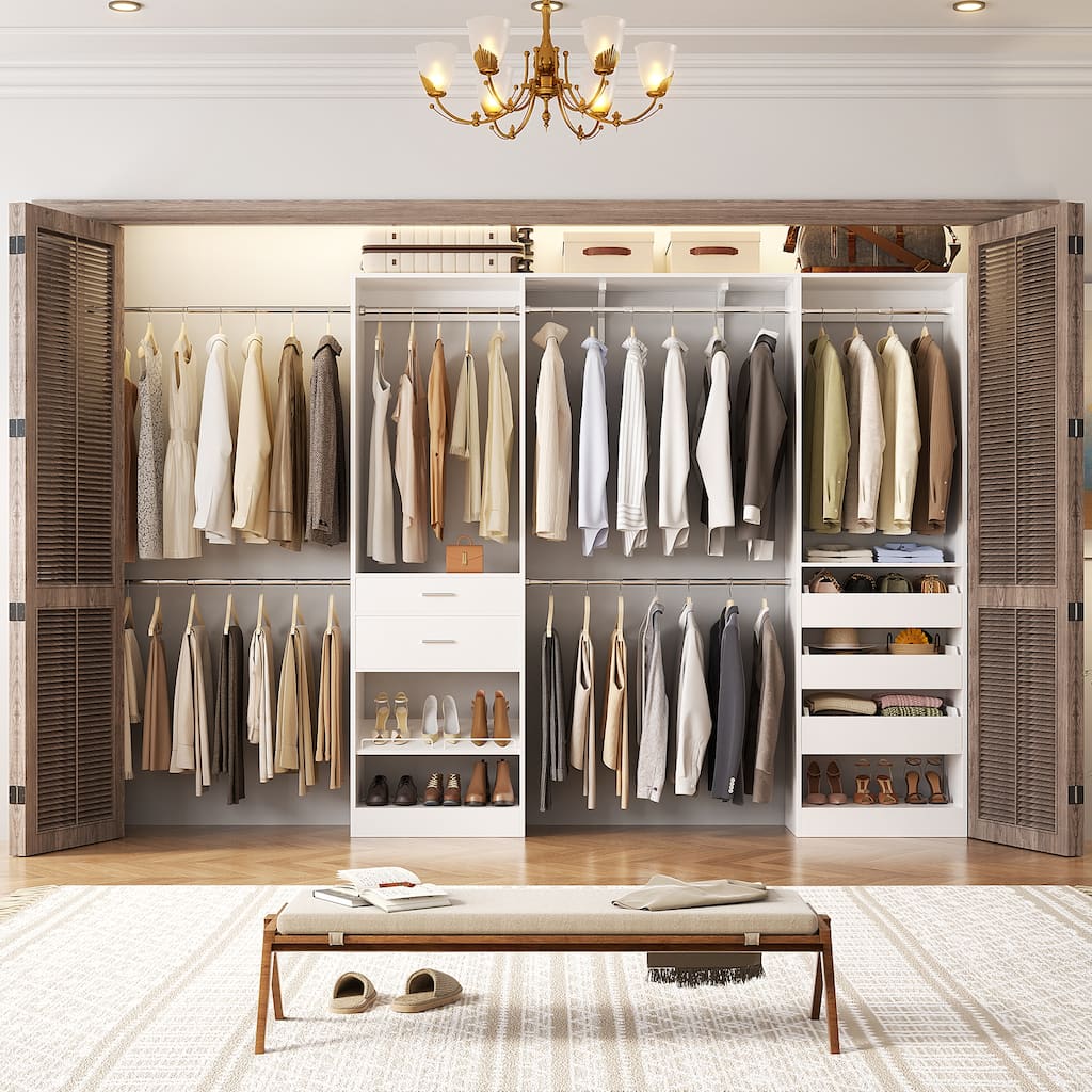 Walk-In Closet Set of 2: 50"-156" Adjustable Organizer System with 6 Hanging Rods, 5 Drawers, 1 Shelves, Shoe Rack
