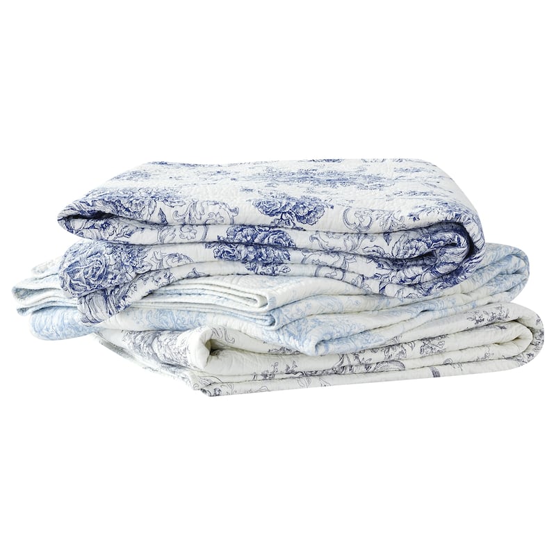 Toile and Bamboo Stripes Reversible Cotton Quilt Set