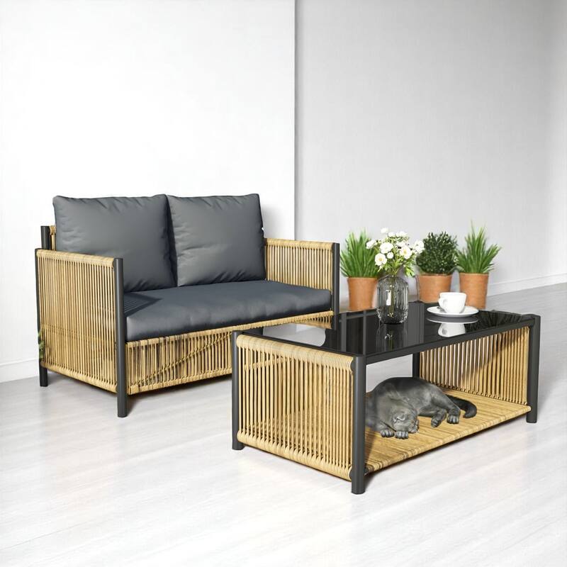 Modern Outdoor Patio PE Rattan Sofa Set with Removable Cushions and Coffee Table,All-Weather Sectional Lounge with Storage Shelf - Black Brown