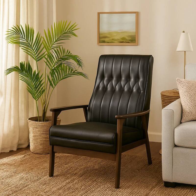 Accent Armchair, Tufted Matte Black Faux Leather, Brown Wood Frame