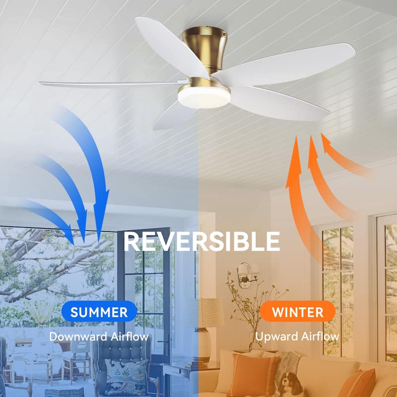 36/42/48 inches Flush Mount Ceiling Fan with Light and Remote ,Gold Base with White Blades for Bedroom Living Room