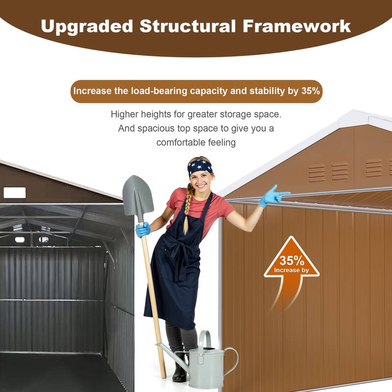 Roomfitters Metal Storage Shed, Heavy Duty Garden Tool House with Sliding Door and Windows, Brown