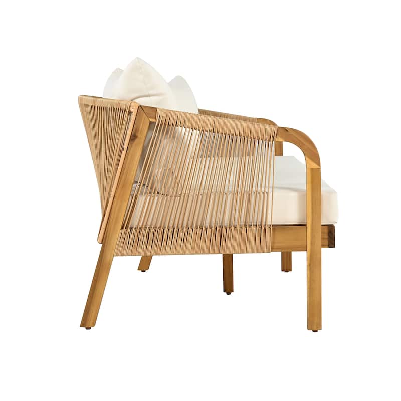 Christopher Knight Home - Rice Acacia Wood and Rattan Patio 5 Piece Chat Set with Cushions and Sofa Ottoman