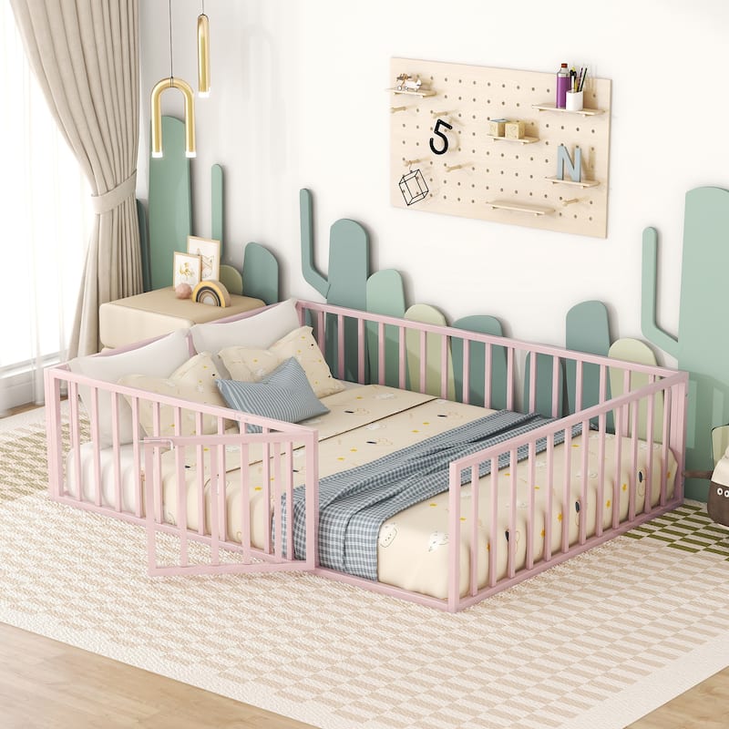 Pink Queen Size Metal Floor Bed Frame with Fence and Door for Kids, Boys and Girls, Bedroom - Queen - Pink