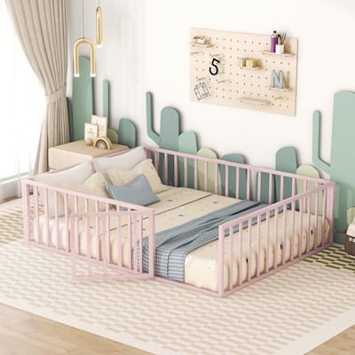 Pink Queen Size Metal Floor Bed Frame with Fence and Door for Kids, Boys and Girls, Bedroom