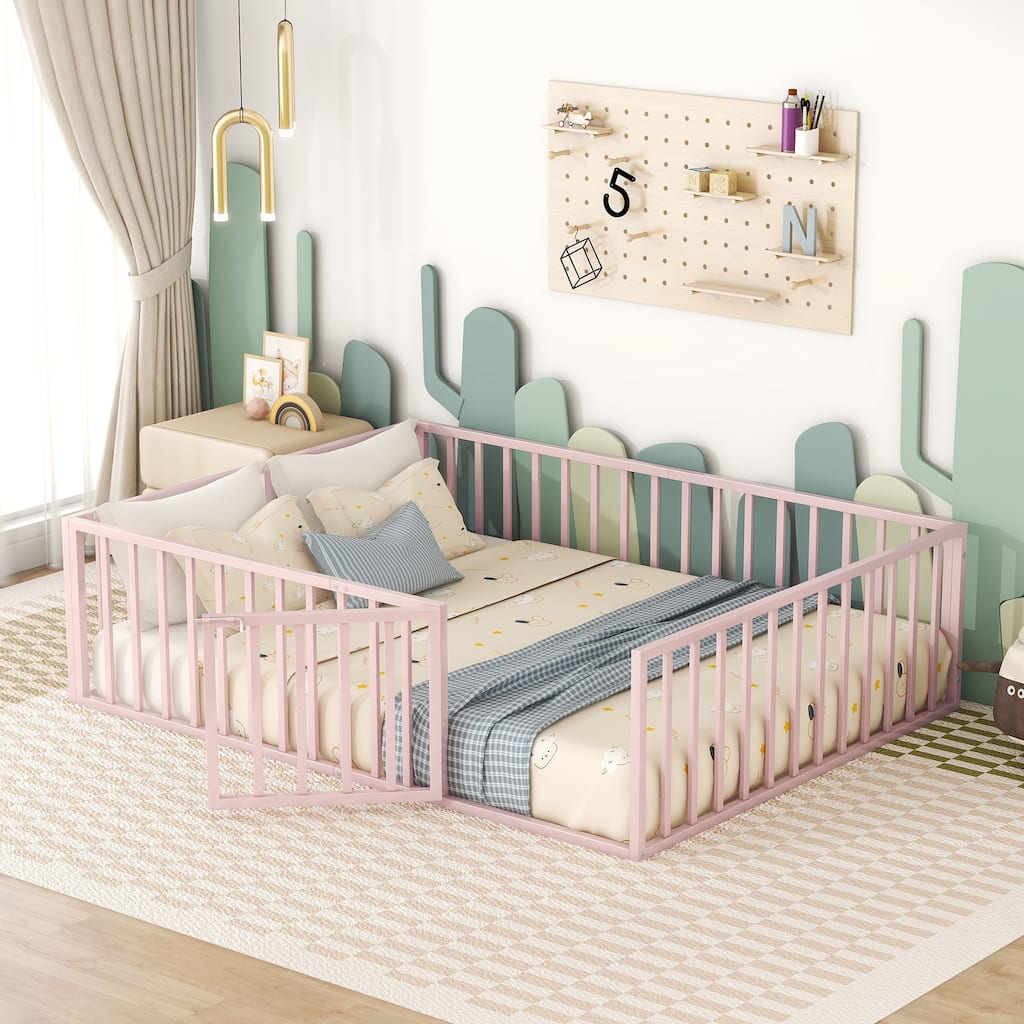 Pink Queen Size Metal Floor Bed Frame with Fence and Door for Kids