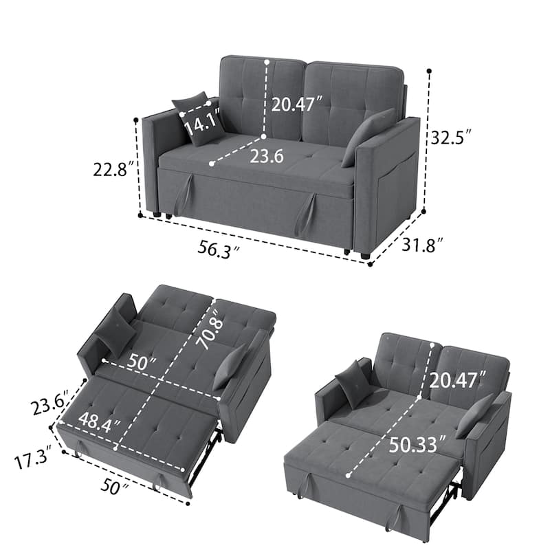 3 in 1 Convertible Sleeper Sofa Bed, Futon Couches for Living Room with Side Pocket, Adjustable Backrest