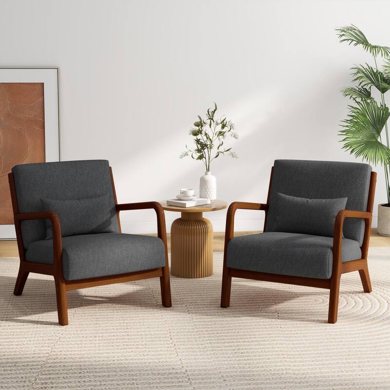 2 Set Mid Century ModernUpholstered Accent Chairs Armchair with Pillow - Dark Wood - Dark Gray & Linen & Side Frame