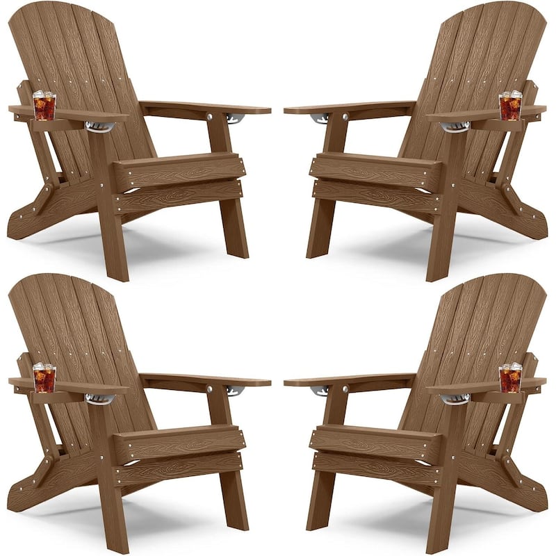 WINSOON All Weather HIPS Folding Adirondack Chair with Ottoman, 5-Gear Adjustable Backrest and Retractable Ottoman Set of 4