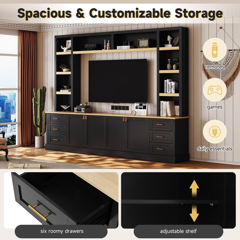 102.3" Farmhouse TV Stand with 6 Drawers & Adjustable Shelves - Entertainment Center for 75" TVs with Bookshelves