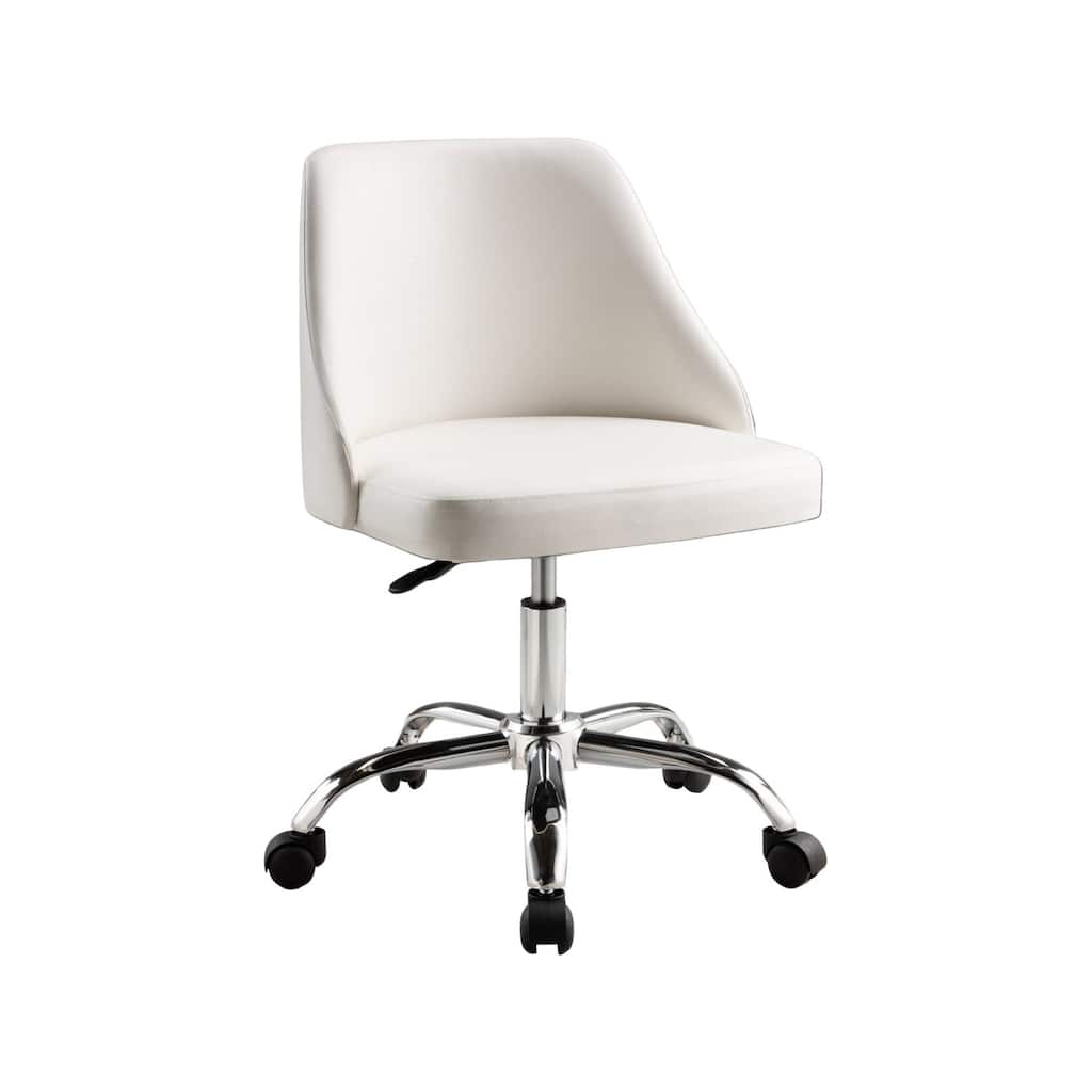 White Faux Leather Swivel Office Chair with Square Cushions, Adjustable Height and Chrome Rolling Base