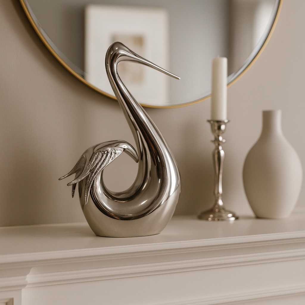Metal Sculpture Stylish Swan Bowling Figurine Home Decor - 11" Silver - 7" x 3.5" x 11"