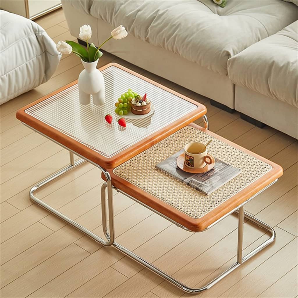 Cherry Rattan & Glass Nesting Tables