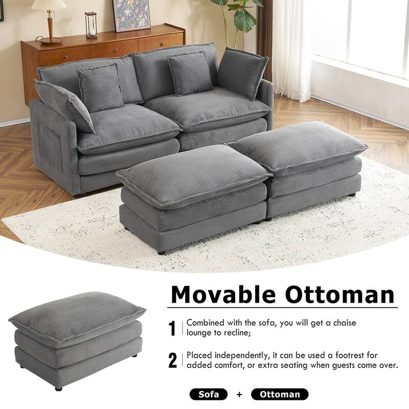 75.6" Compact L-Shape Sectional, Corduroy Modular Sofa with Pockets