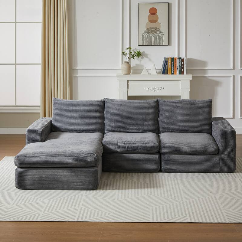 L-Shaped Sectional Sofa with Chaise Lounge, Corduroy Upholstered Boneless Couch, Module Corner Sofa with 3 Pillows