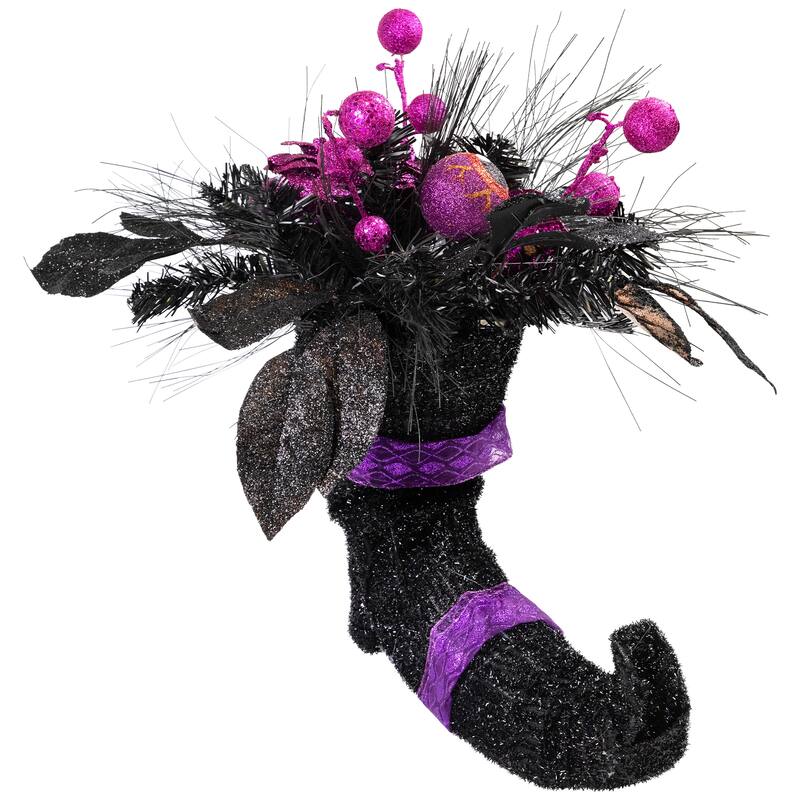 12" Black Witch's Boot Purple Glittered Roses Halloween Decoration