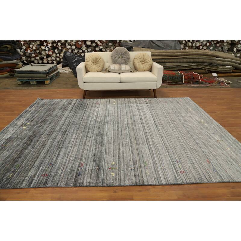 Hand Knotted Oriental Viscose Silk Carpet Tribal Animal Pictorial Greys & Charcoal Gabbeh Area Rug - 9' 10'' X 7' 11''