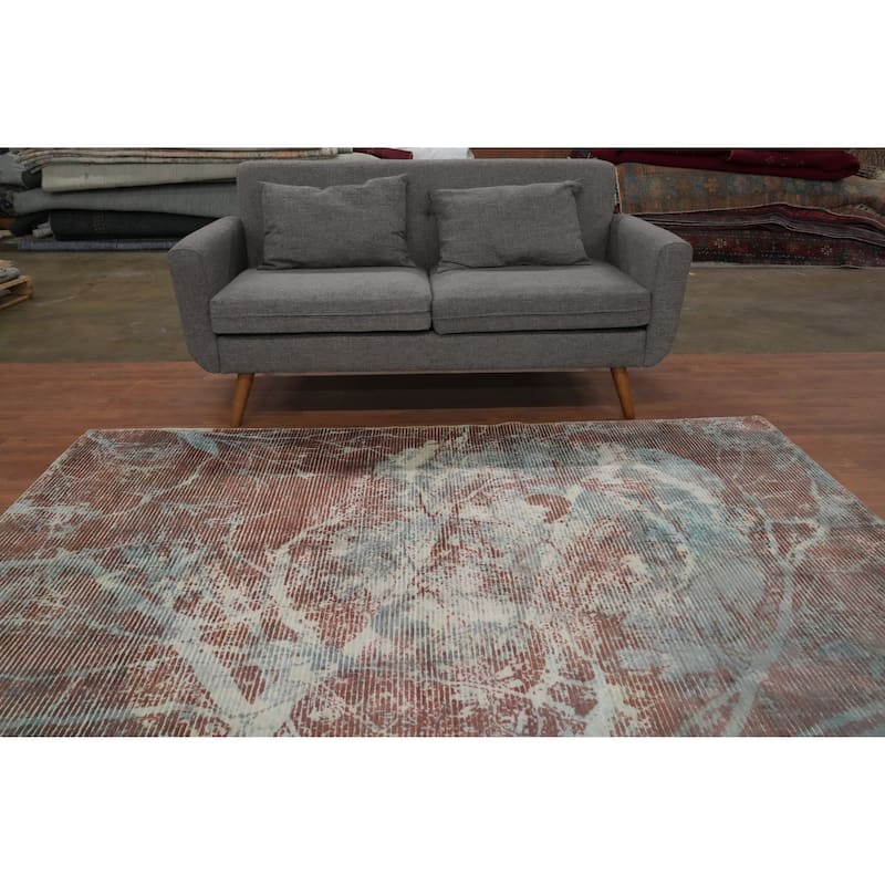 Hand Knotted Oriental Viscose Silk Carpet Modern Pictorial Multi-Colored Abstract Area Rug - 7' 7'' X 5' 6''