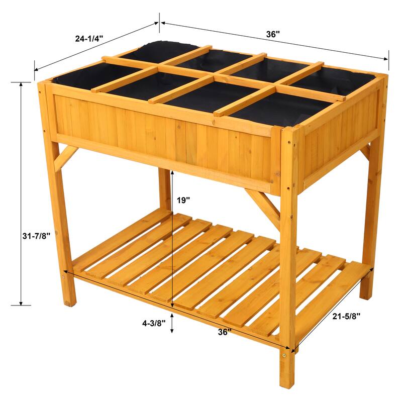Countryside Style Natural Wood Garden Bed with 8 Grid Dividers and Protective Liner, Suitable for Herb Vegetables Flowers