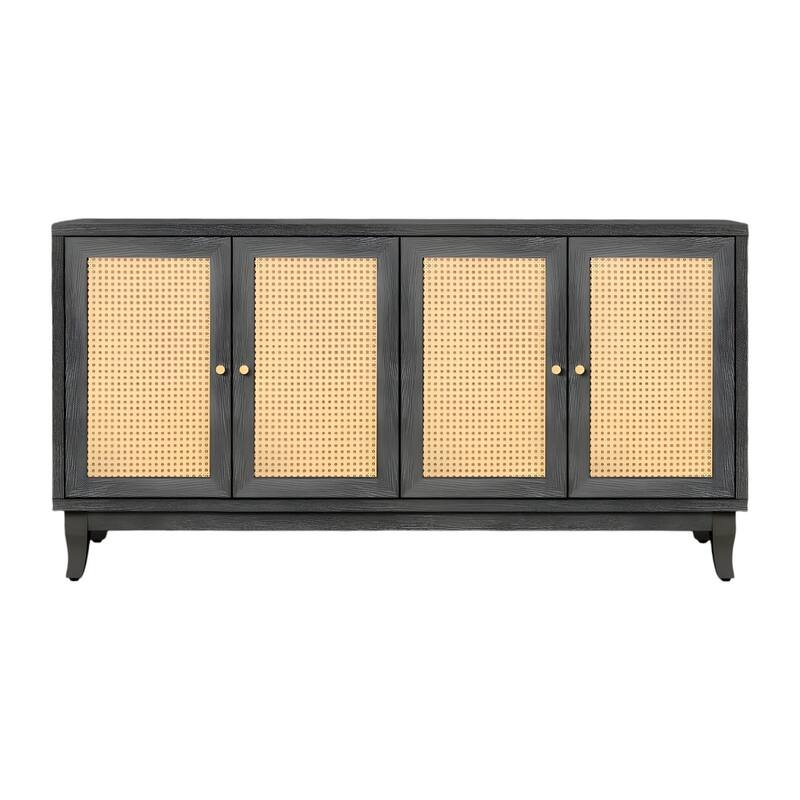 HomeRoots 65" Charcoal and Natural Wood and Rattan Sideboard with Four Doors - 64.76' X '32.3' X '15.6