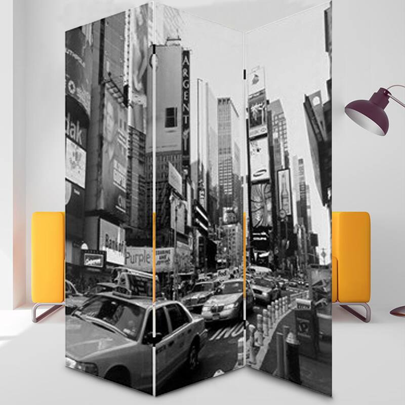 3 Panel Foldable Canvas Screen with NYC Print, Black and White - 6 x 12