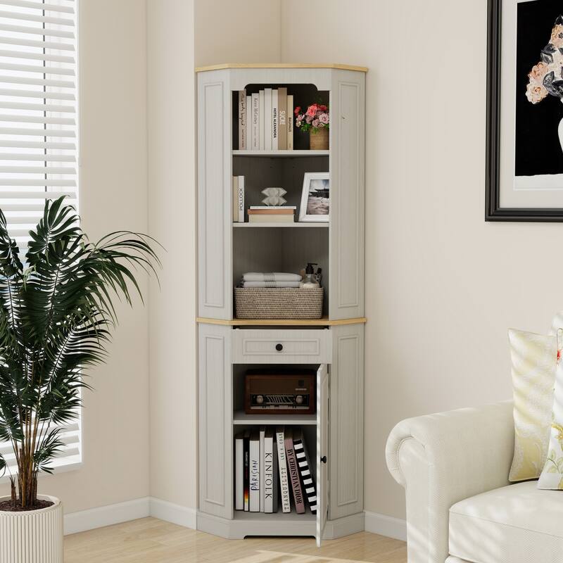 68" Farmhouse Tall Corner Cabine with A drawer and A Adjustable Shelf - Antique White