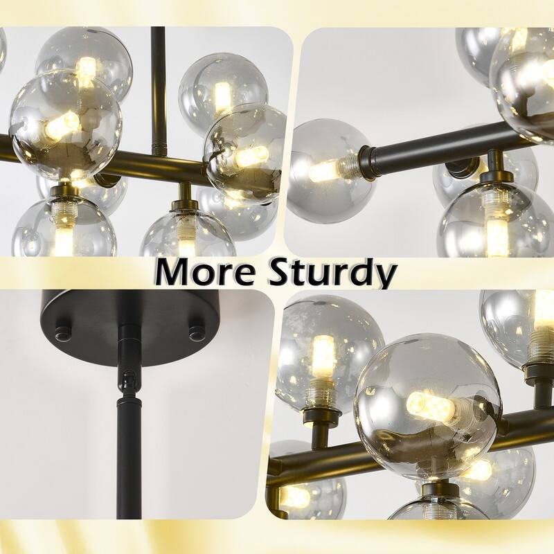 Modern 16 Light Linear Chandelier with Glass Globe Lampshade, Mid Century Sputnik Chandelier for Kitchen Island