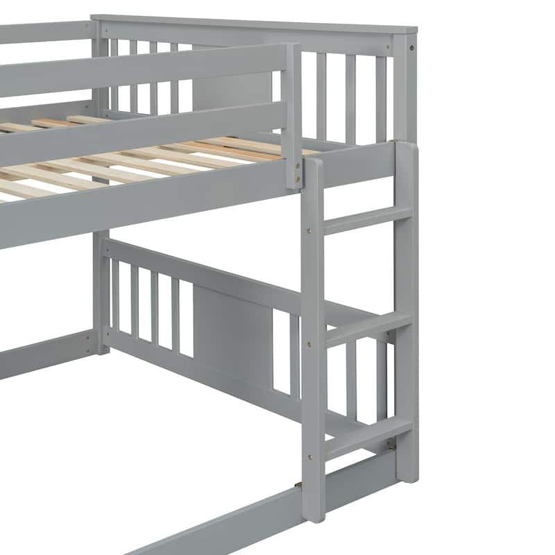 Floor Bunk Bed Full Over Full Wooden Bed Frame with Ladder and Slide
