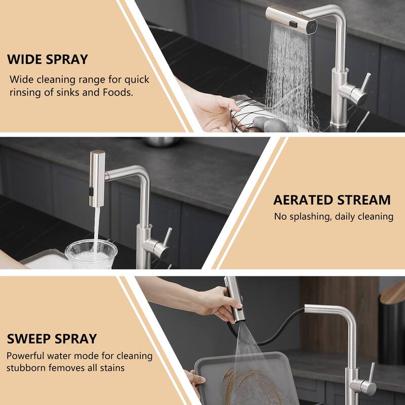 Brushed Nickel Stainless Steel Pull-out Single Handle Wide Spray Kitchen Faucet