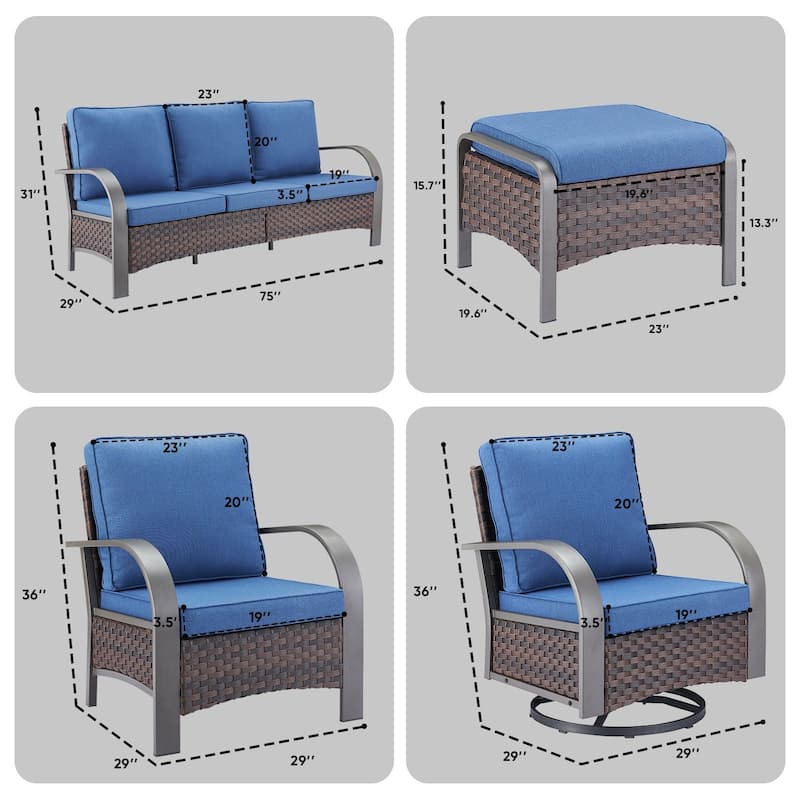 Pocassy Outdoor Patio Sofa Chairs Ottoman Set Funiture