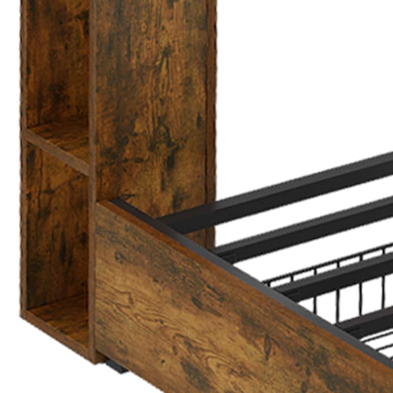 Queen/King Size LED Bed Frame with Bookcase Headboard, 4 Storage Drawers and Charging Station