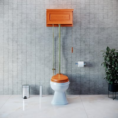 Cherry Wooden High Tank Toilet Flat Tank, White Round Bowl and Chrome L Pipe