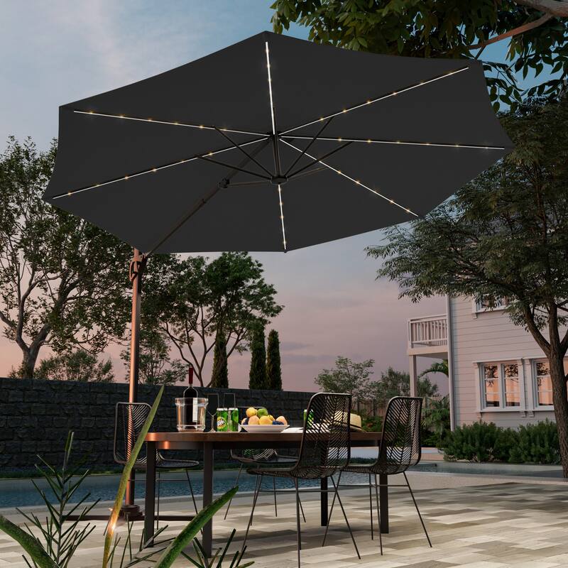 LIVOOSUN 10FT LED Round Cantilever Umbrella For Your Outdoor Space, Solution-Dyed Fabric, 360° Rotation System - DarkGray