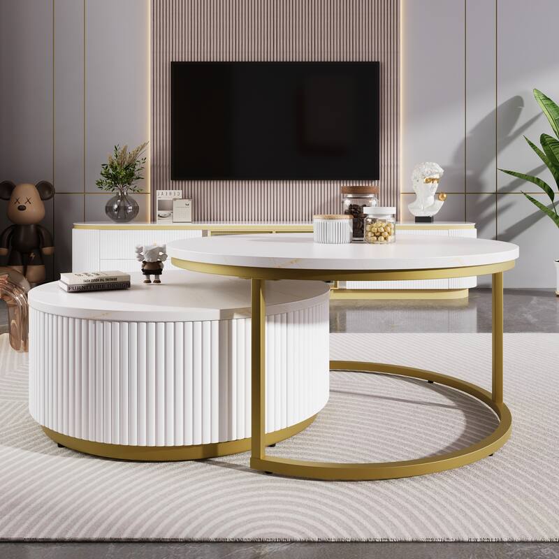 Modern Round Nesting Coffee Table Fluted with Drawer in 27.6"