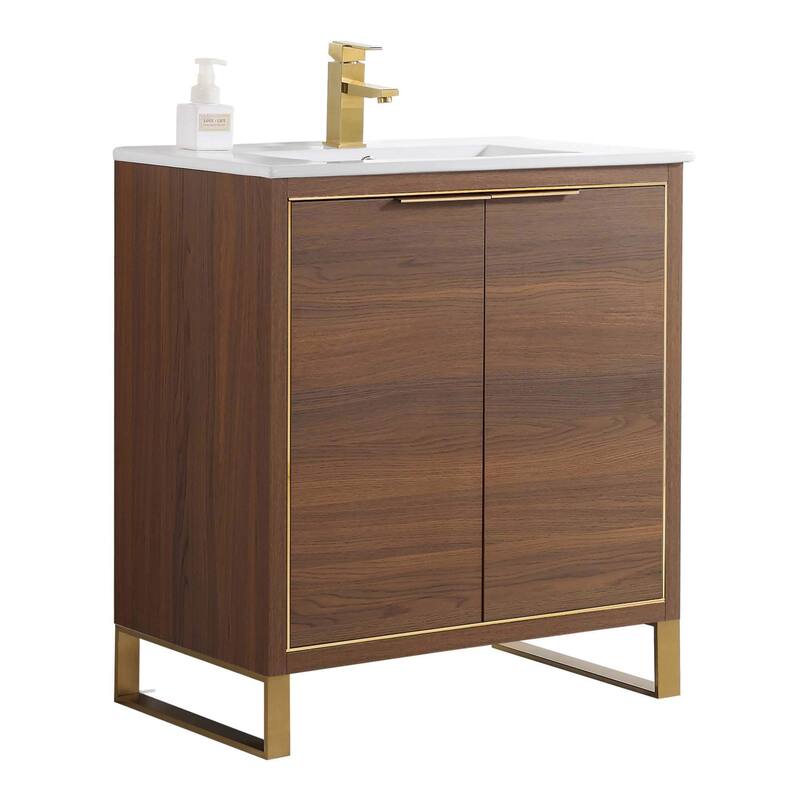 Fine Fixtures Opulence Collection Bathroom Vanity with White Ceramic Sink - 30 Inch - Walnut Ebony - Satin Brass Hardware
