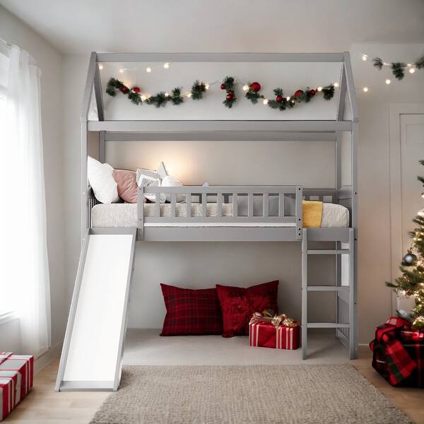 slide 2 of 9, Twin Size Elegant Loft Bed House Bed With Slide,Sturdy Construction And Maximized Space Saving Grey