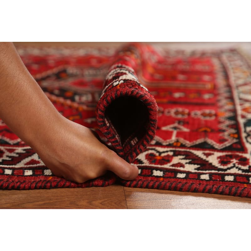 Hand Knotted Oriental 100% Wool Carpet Traditional Tribal Red Shiraz Area Rug - 4' 10'' X 3' 7''