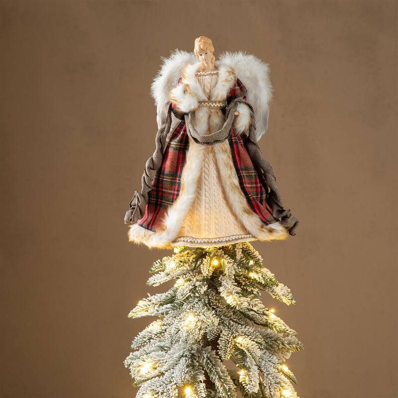 Glitzhome 16"H Faux Fur Christmas Angel Tree Toppers - Red