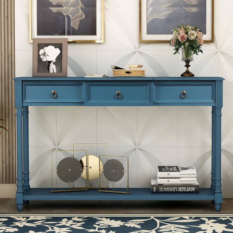 Sideboard Cabinet Sofa Console Table for Entryway with 3 Projecting Drawers and 1 Long Bottom Shelf, Antique Navy