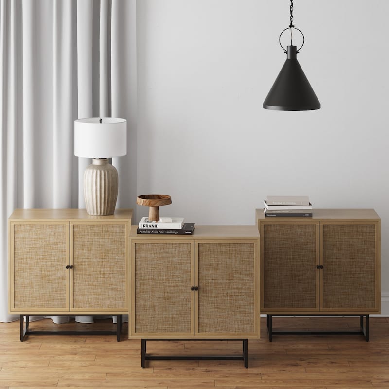 Nathan James Kova Natural Cane Rattan Doors Accent Cabinet with Metal Base and Adjustable Shelf - Oak - Set of 3